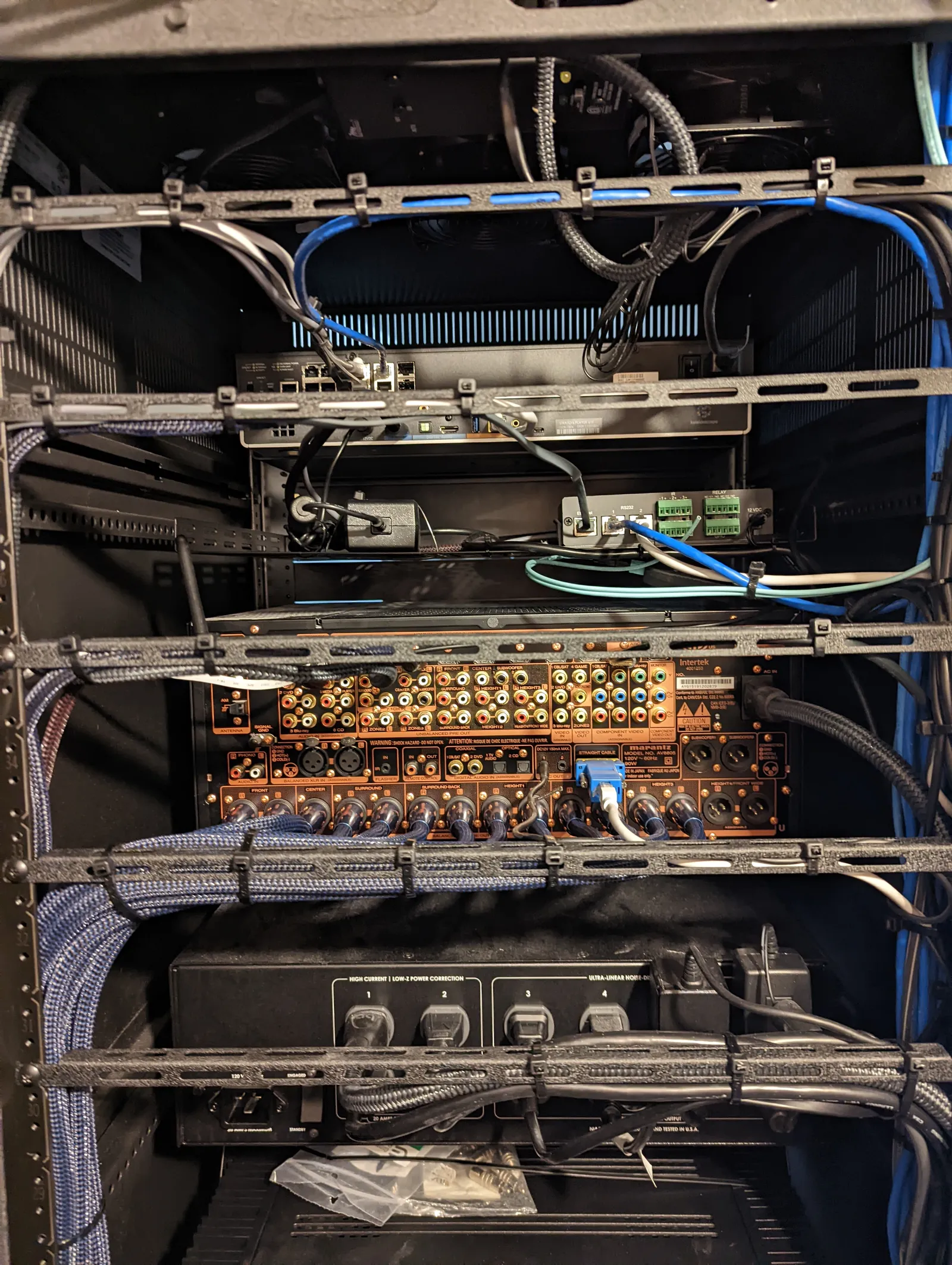 Finished equipment rack with cables dressed, loomed, and tied into clean serviceable runs